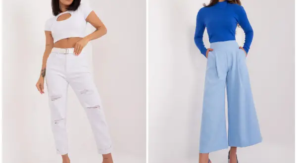 Dwie kobiety prezentują luźny, elegancki styl damski. Jedna w białym crop topie i podartych jeansach, druga w niebieskim golfie i szerokich, błękitnych spodniach.