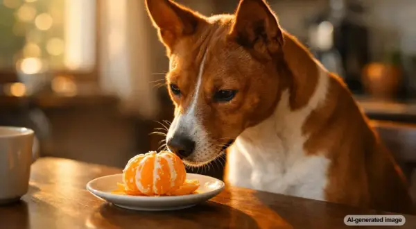A curious dog sniffs a peeled orange on a plate, wondering if dogs eat oranges.