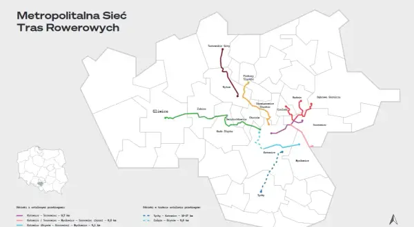 Mapa metropolitalnej sieci tras rowerowych GZM. Kolorowe linie pokazują przebieg tras, w tym te w okolicach Tychów, łączących miasta regionu.