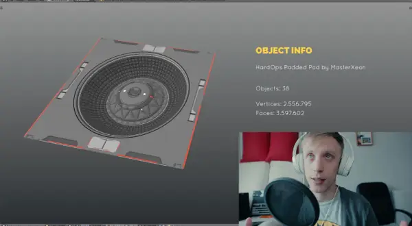 A 3D model of a complex circular object is shown, with stats like vertices and faces displayed. This is part of a tutorial on how to make 3D graphics.