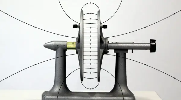 Ein Plattenkondensator mit sichtbaren Feldlinien. Die Formel für die Kapazität eines Plattenkondensators erklärt dieses physikalische Phänomen.