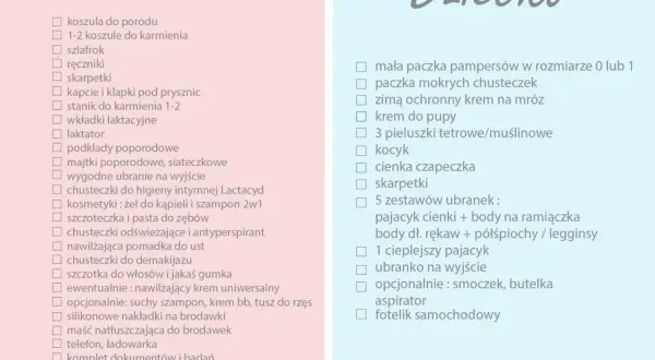 Lista rzeczy, co zabrać do szpitala na 3 dni: dla mamy i dziecka. Zawiera ubrania, kosmetyki, pieluchy i akcesoria.