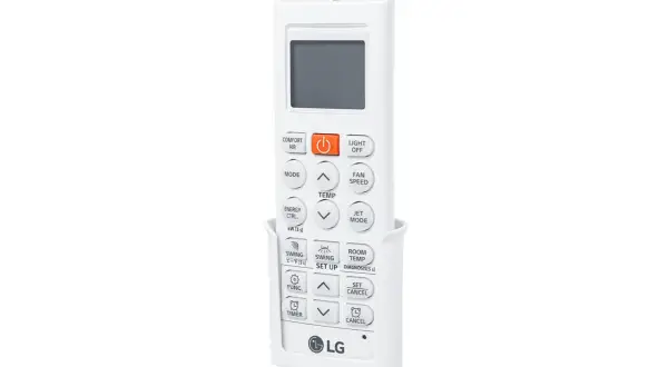 Biały pilot do klimatyzatora LG Dual Inverter. Instrukcja obsługi pilota zawiera przyciski do sterowania temperaturą, trybami pracy i funkcjami.