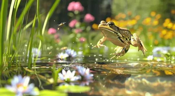 Une grenouille saute dans un jardin luxuriant, entourée de nénuphars et de fleurs colorées.