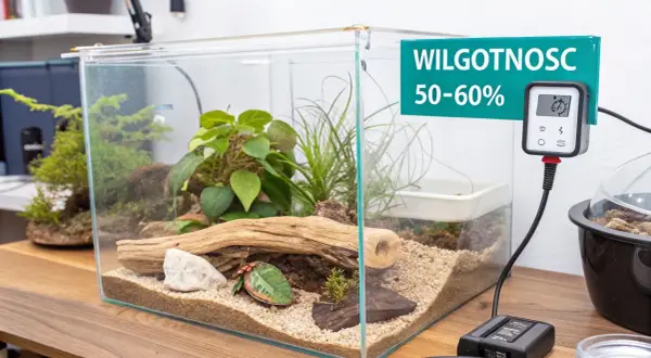 Szklane terrarium z roślinnością i drewnem, idealne do hodowli węża zbożowego. Termometr wskazuje wilgotność 50-60%.