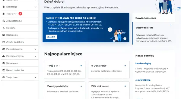 Strona główna e-Urzędu Skarbowego. Możliwość rozliczenia PIT, zwrotu podatków, składania deklaracji i mandaty.