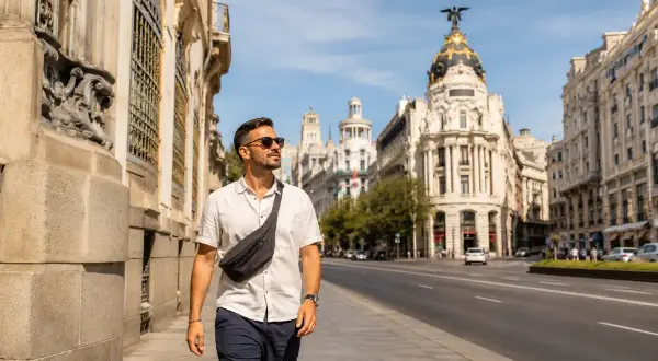 Hombre paseando por una calle de Madrid, disfrutando de su viaje sola. Edificios históricos y un cielo azul acompañan su aventura.