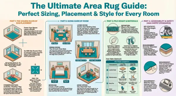 A bedroom rug should frame the bed, extending 18-24 inches on both sides and from the foot of the bed, creating a soft landing.