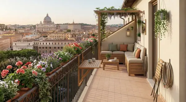Splendide soluzioni idee veranda balcone con vista su Roma. Arredi in legno, fiori colorati e pergolato creano un'oasi urbana.