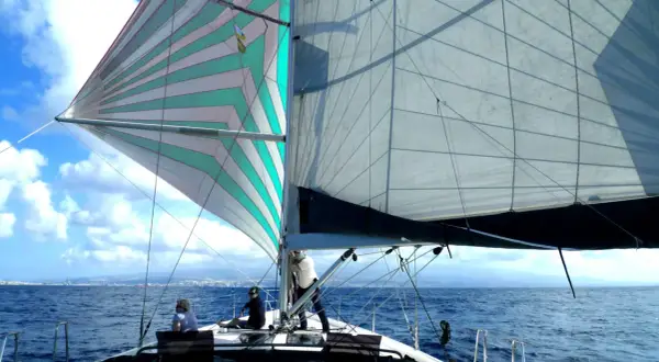 Vela colorata e bianca gonfie al vento, con persone a bordo pronte a mettersi alla cappa. Mare blu e cielo con nuvole bianche.