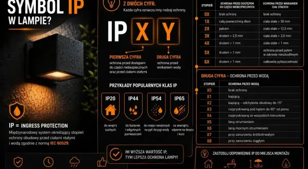 IP44 co oznacza? To stopień ochrony lampy przed ciałami stałymi (4) i wodą (4), idealny do łazienek i wilgotnych pomieszczeń.