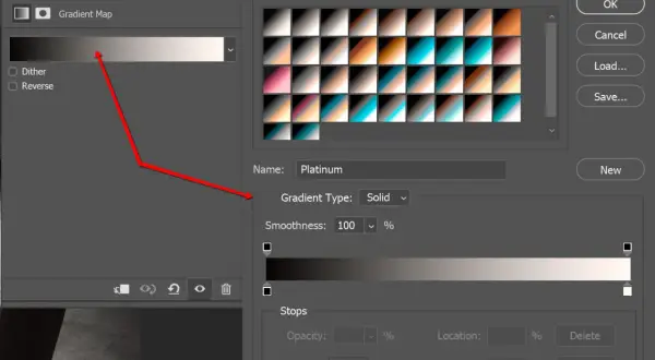 Interfaccia di Photoshop per creare una mappa sfumatura, con opzioni per definire colori e sfumature.