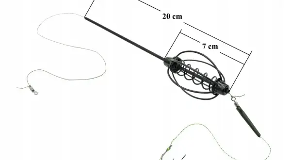 Akcesoria do metody gruntowej: koszyczek zanętowy (7 cm), obciążenie (20 cm), żyłka (71 cm), haczyk (1,8 cm) i krętlik (1 cm). Idealne, by zrobić wędkę na grunt.