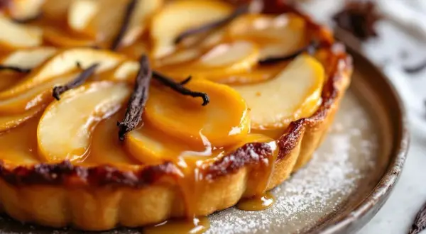 Tarte Tatin aux poires caramélisées, nappée d'une sauce onctueuse et décorée de gousses de vanille. Un délice visuel et gustatif.