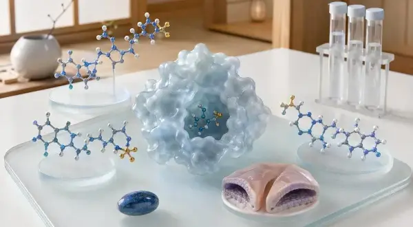 Modele cząsteczek, w tym kwas foliowy, na stole laboratoryjnym. Badanie ceny kwasu foliowego może być kluczowe dla zdrowia.