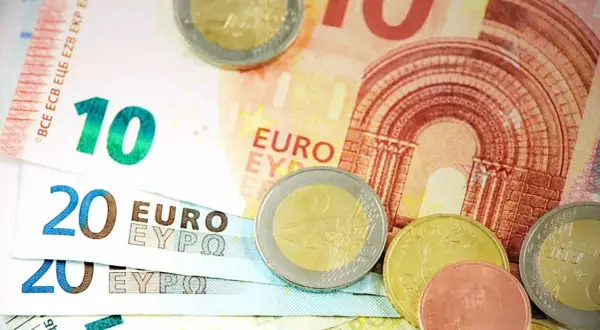 Euro banknoty o nominałach 10 i 20 oraz monety. Obrazek symbolizuje wskaźnik ogólnego zadłużenia.