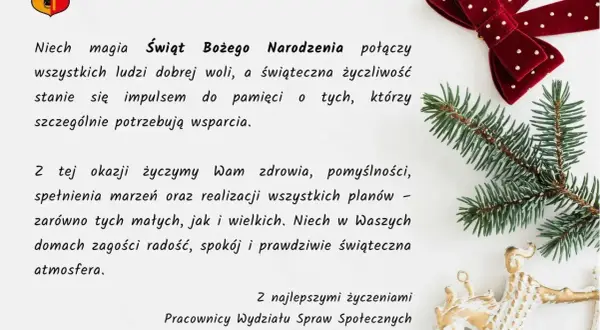 Kartka z życzeniami świątecznymi od Urzędu Miasta Leszna. Piękne życzenia urodzinowe i świąteczne, ozdobione gałązką choinki i czerwoną kokardą.
