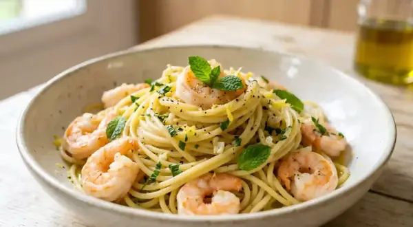 Un plat de spaghetti aux crevettes, garni de menthe fraîche et de zeste de citron, prêt à être dégusté.