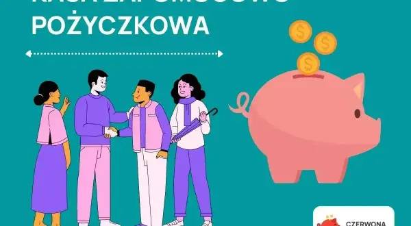 Kasa zapomogowo pożyczkowa: ludzie zawierają umowę, a obok różowa świnka-skarbonka przyjmuje monety.