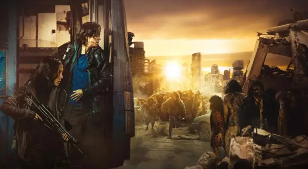 Dwóch ocalałych z karabinem w ręku, uciekających przed hordą zombie na tle zniszczonego miasta. To scena z filmu "Zombie Express 2: Półwysep".