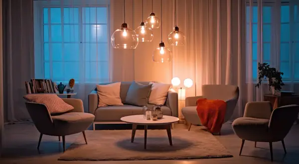 Pięć szklanych lamp wiszących nad kanapą i fotelami. Idealny żyrandol do małego pokoju, tworzący przytulną atmosferę.