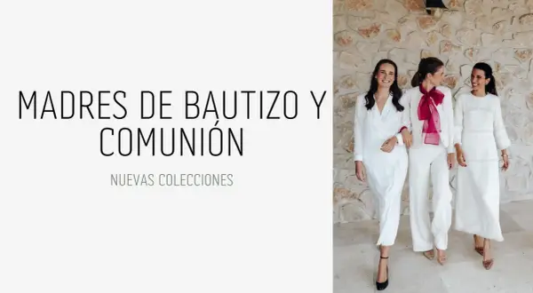 Tres mujeres lucen elegantes trajes blancos, perfectos como outfit para comunión.