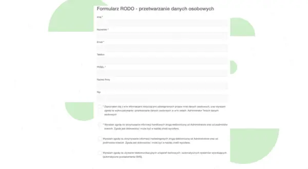 Formularz RODO z polami do wpisania danych osobowych i opcjami zgód.