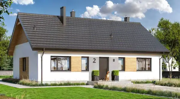 Nowoczesny dom jednorodzinny, projekt domu Tracja 2, z dużym ogrodem i psem przed wejściem.