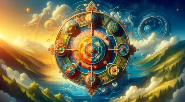 Kolorowa mandala na tle krajobrazu z górami, wodą i niebem.