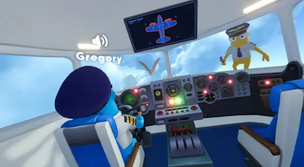 Wesoła, stara gra samoloty. Gregory pilotuje, a żółty pilot obserwuje ptaki za oknem.