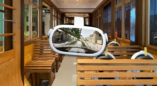 VR-Brille zeigt die Schwebebahn über dem Fluss in Wuppertal. Ein Blick in die Zukunft des Schwebodrom Wuppertal.