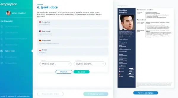 Sekcja "Języki obce" w kreatorze CV. Określanie poziomów znajomości języka cv: angielski, francuski, niemiecki, polski.