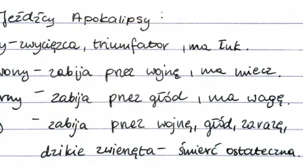Jeźdźcy Apokalipsy: Biały (zwycięzca), Czerwony (wojna), Czarny (głód), Siny (wojna, głód, zaraza) - streszczenie.