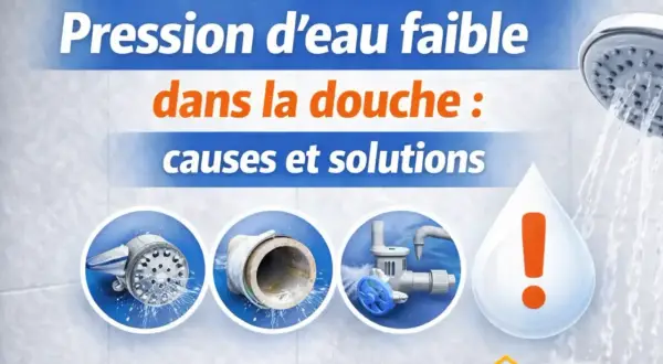 Pression d'eau faible dans la douche : causes et solutions. Images de pommeau entartré, tuyau abîmé et vanne qui fuit, illustrant un problème de pression d'eau.