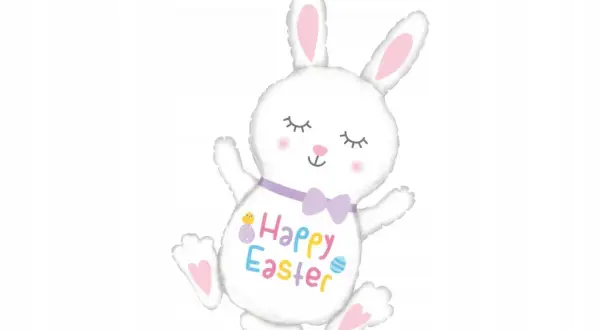 Biały balon króliczek z fioletową kokardką i napisem "Happy Easter".