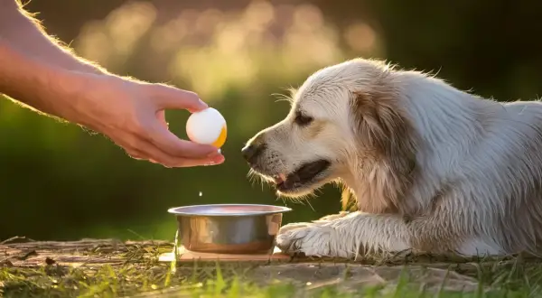 Złocisty retriever z zaciekawieniem patrzy na rękę trzymającą jajko. Czy pies może jeść surowe żółtko?