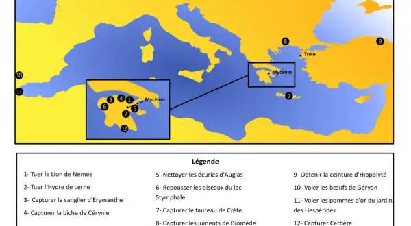 Carte illustrant les 12 travaux d'Hercule, avec des points numérotés sur la Grèce et la Méditerranée.