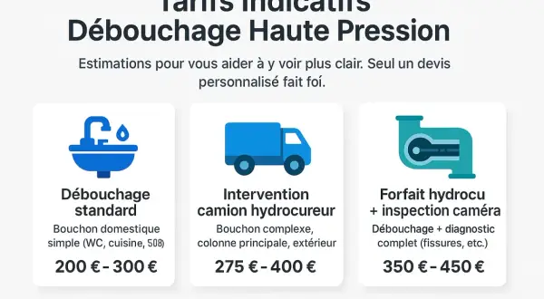 Tarifs indicatifs pour le débouchage de canalisations bouchées : standard (200-300€), camion hydrocureur (275-400€), hydrocurage + caméra (350-450€).