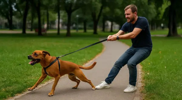 Un hombre lucha por controlar a su perro marrón que tira de la correa en un parque. El perro parece emocionado, mientras el hombre se esfuerza.
