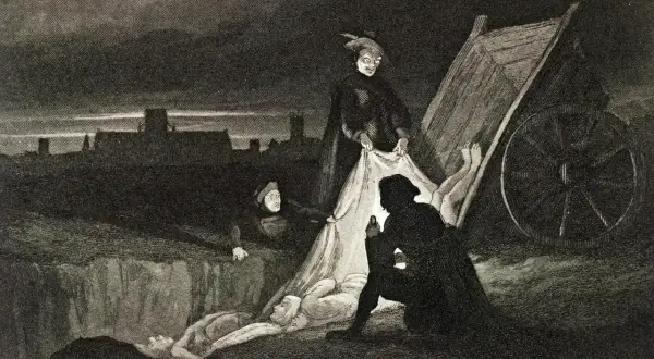 Mörka scener av död och förtvivlan. En vagn lastas med lik, en påminnelse om hur många dog av pesten.
