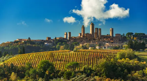 San Gimignano, con le sue torri medievali, domina un paesaggio collinare autunnale, con vigneti che promettono la vernaccia di San Gimignano DOCG.