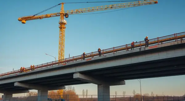Pracownicy na budowie mostu, pod wielkim żółtym dźwigiem. Ich stawka godzinowa na budowie zależy od wielu czynników.