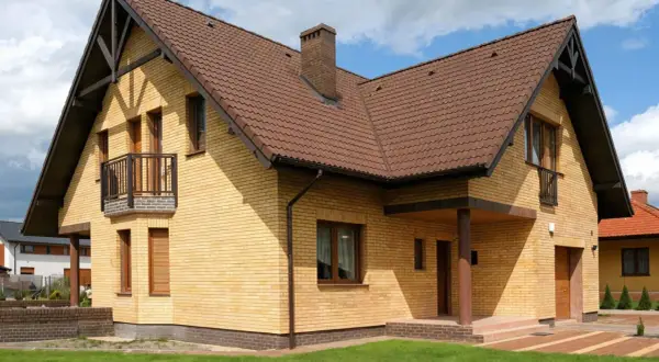 Jasny, ceglany dom z brązowym dachem i kominem. Widoczny jest cokół z ciemniejszej cegły, a także balkon i ganek.