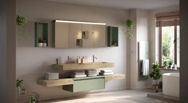 Salle de bain moderne avec lavabo flottant, rangements verts et une plante pour salle de bain apportant une touche de nature.