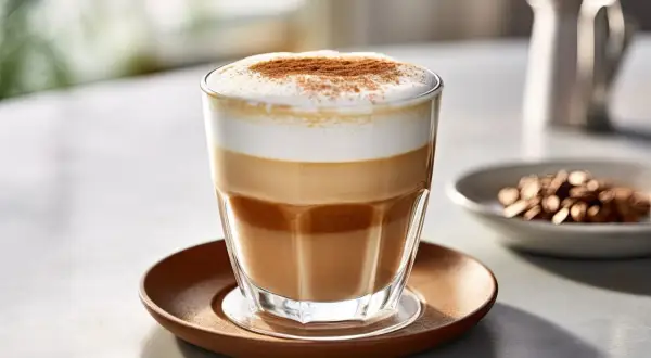 En vacker caffe macchiato med lager av mjölk och kaffe, toppad med skum och kanel. Perfekt för en lugn stund.