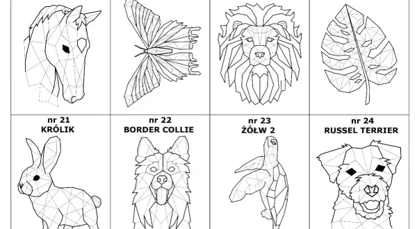 Konie, motyle, lwy, liście monstery, króliki, psy i żółwie – geometryczne string art szablony do tworzenia.