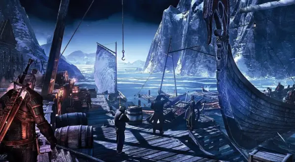 Nocny port na Skellige. Widać wikingów, łodzie i surowe, zimowe krajobrazy.