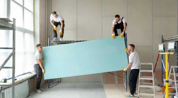 Cuatro obreros instalan un gran panel de pladur para crear un tabique con puerta.