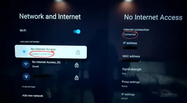 Ekran telewizora pokazuje "No Internet Access" z zaznaczonym "Limited connection". Po prawej stronie "Connected" jest również zaznaczone, co sugeruje problem z połączeniem wifi.