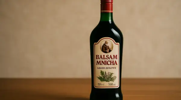 Butelka likieru ziołowego Balsam Mnicha. Jak pić ten czarny balsam? Najlepiej schłodzony, jako digestif.